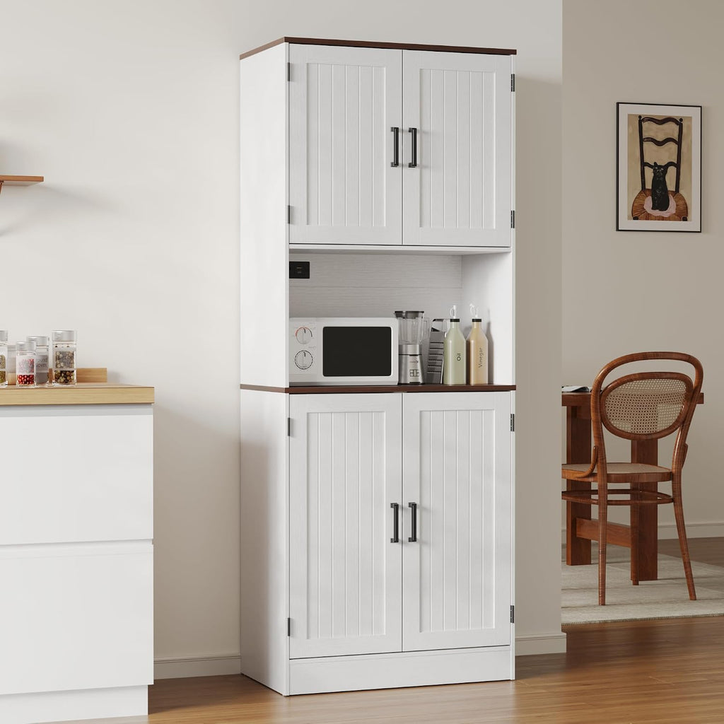 MHOM 71" Tall Pantry Cabinet with Charging Station, Farmhouse Kitchen Hutch with Adjustable Shelves, Modern Kitchen Pantry Storage Cabinet for Dinning Room & Living Room, Antique White