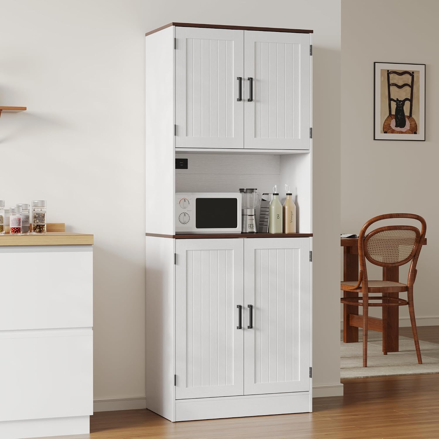 MHOM 71" Tall Pantry Cabinet with Charging Station, Farmhouse Kitchen Hutch with Adjustable Shelves, Modern Kitchen Pantry Storage Cabinet for Dinning Room & Living Room, Antique White