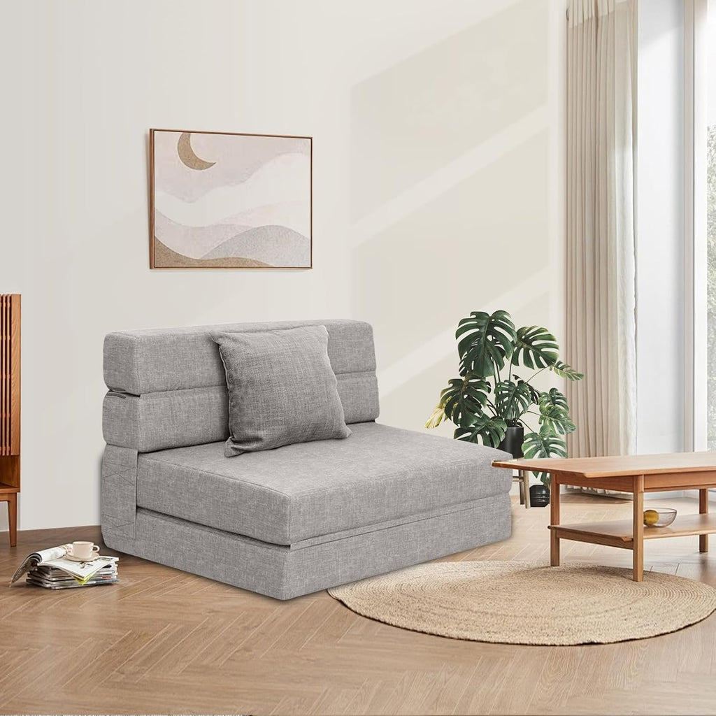 Folding Sleeper Chair Sofa Bed Lazy Couch with Pillow, Fold Out Chair Bed | Foam Futon Floor Couch, Convertible Sofa for Small Space Apartment Guest Room, Twin Size, Light Gray