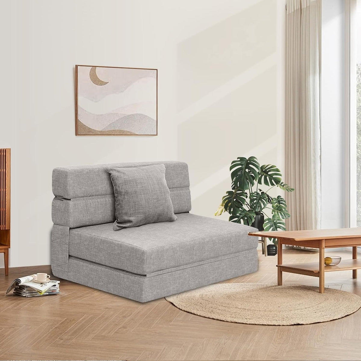 Folding Sleeper Chair Sofa Bed Lazy Couch with Pillow, Fold Out Chair Bed | Foam Futon Floor Couch, Convertible Sofa for Small Space Apartment Guest Room, Twin Size, Light Gray