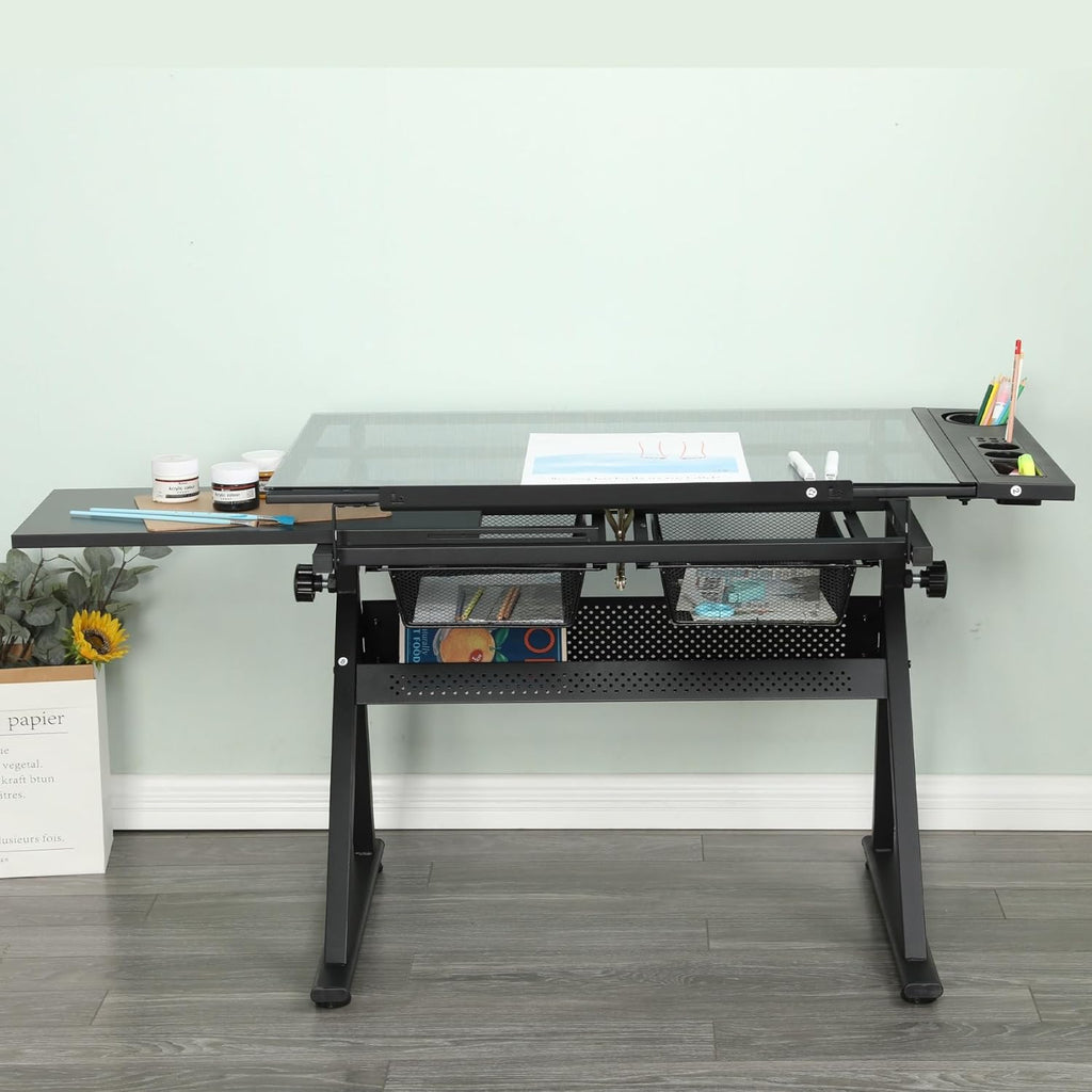 Drafting Table Desk, Painting Table Art Craft Desk Crafting Table with Tilting Tempered Glass Top, 2 Storage Drawers, Height Adjustable