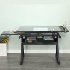 Drafting Table Desk, Painting Table Art Craft Desk Crafting Table with Tilting Tempered Glass Top, 2 Storage Drawers, Height Adjustable
