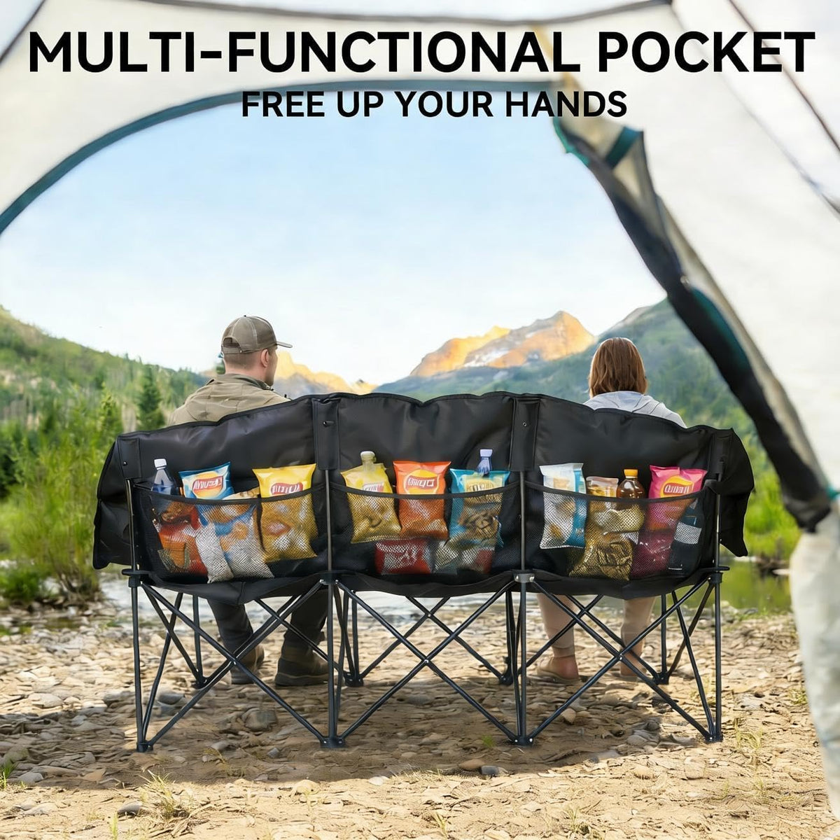 3 Person Camping Chair for Adults Folding Double Camping Chair Oversized Heavy Duty Camping Loveseat with Cup Holders & Carry Bag, Portable Outdoor Lawn Chair for Camping, Beach, Backyard Black & Grey