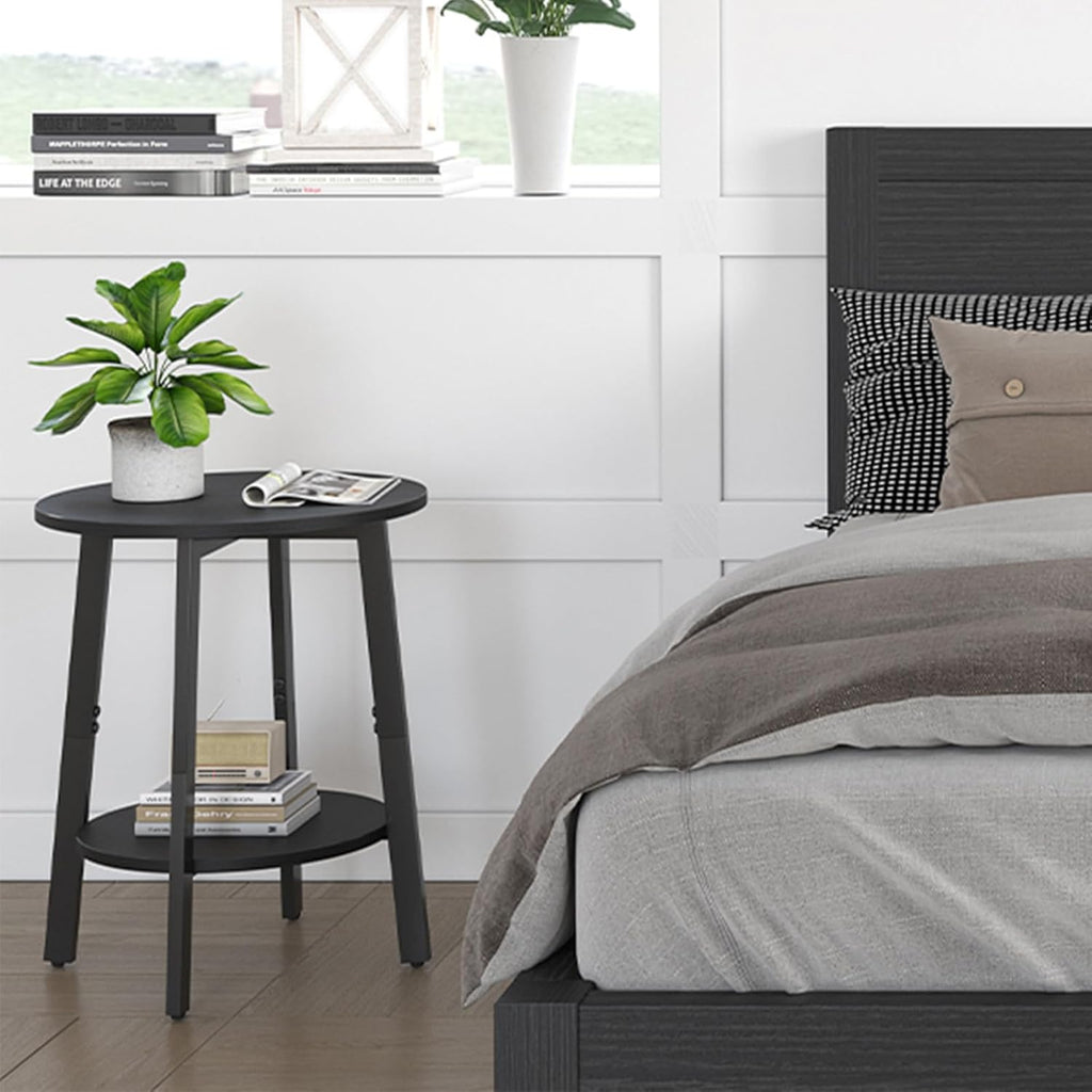 sthmec Side Table Set of 2, Small Round End Table with Storage Shelf for Small Space, 2-Tier Black Bedside Table Sofa Couch Table, Nighstands Set of 2 Accent Table for Living Room, Bedroom, Black