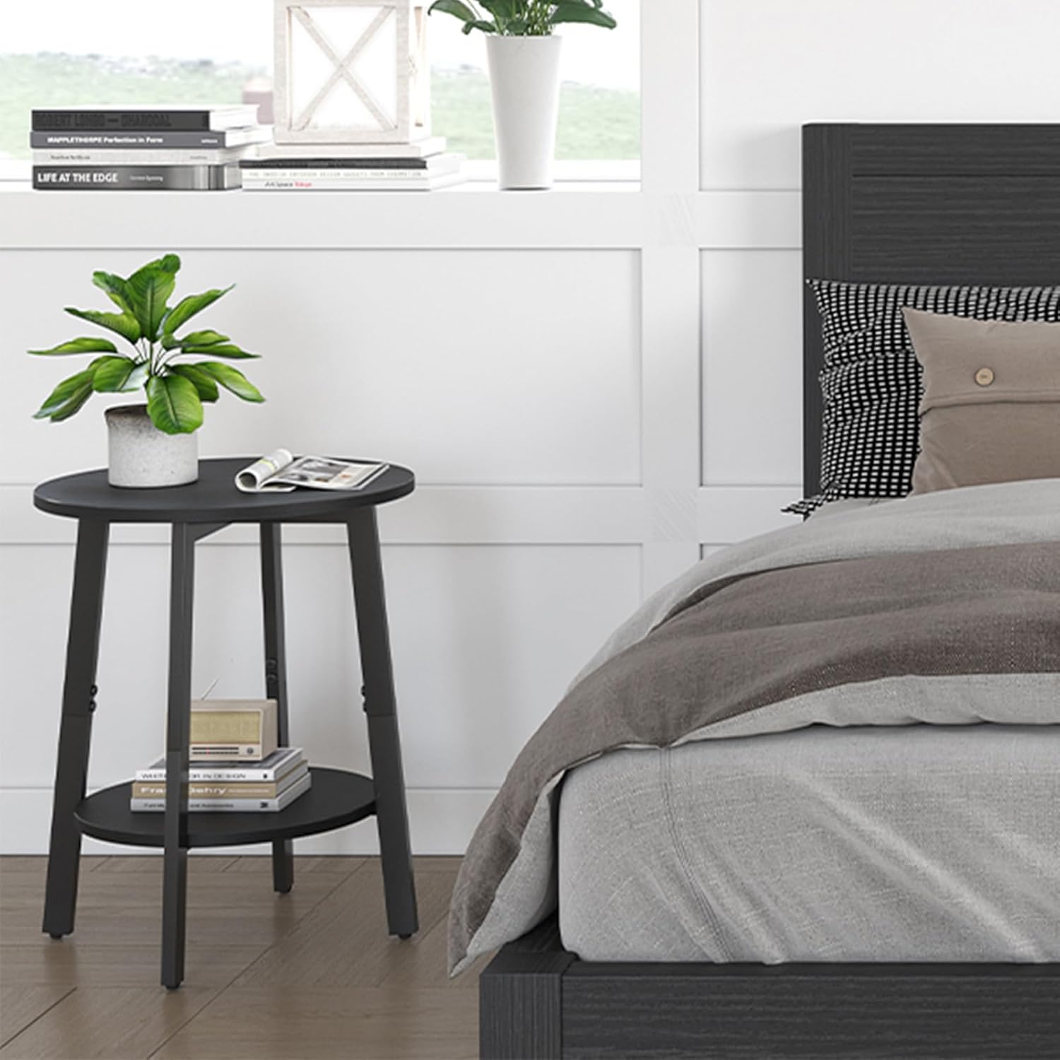 sthmec Side Table Set of 2, Small Round End Table with Storage Shelf for Small Space, 2-Tier Black Bedside Table Sofa Couch Table, Nighstands Set of 2 Accent Table for Living Room, Bedroom, Black