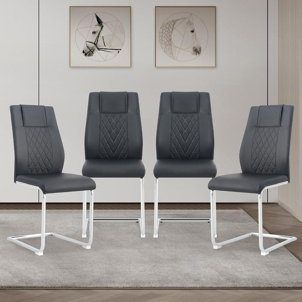 cinkehome Modern Black Dining Chairs Set of 4 with Silver Metal Legs, High Back Upholstered Armless Side Chair for Kitchen, Dining Room, Faux Leather