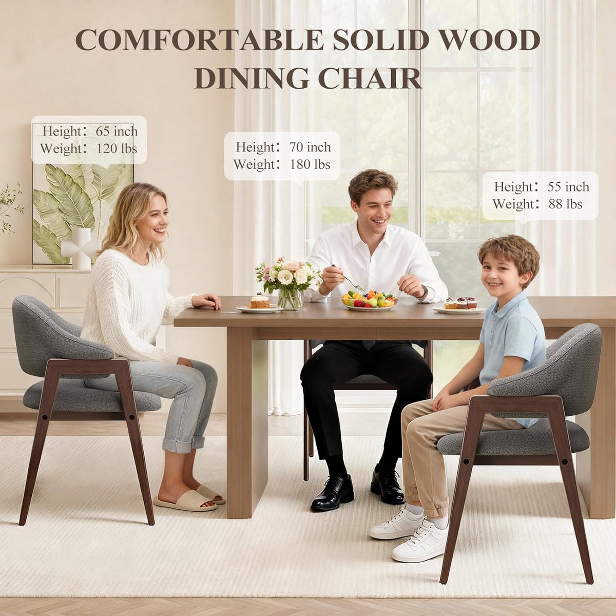 MALOL Wooden Dining Chairs Set of 2, Modern Fabric Upholstered Dining Room Chair, Kitchen Side Chairs, Farmhouse Dinner Chair with Curved Open Back for Kitchen, Grey