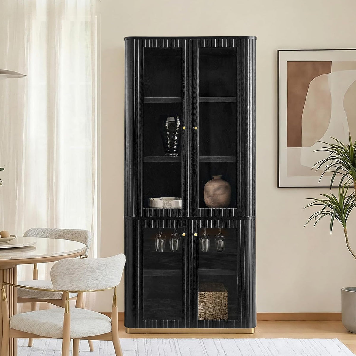 HULALA HOME Modular Display Storage Cabinet, 79.5" Tall Fluted Bookcase with Glass Doors, Modern Pantry Cabinet for Dining Room Home Office Living Room, Black