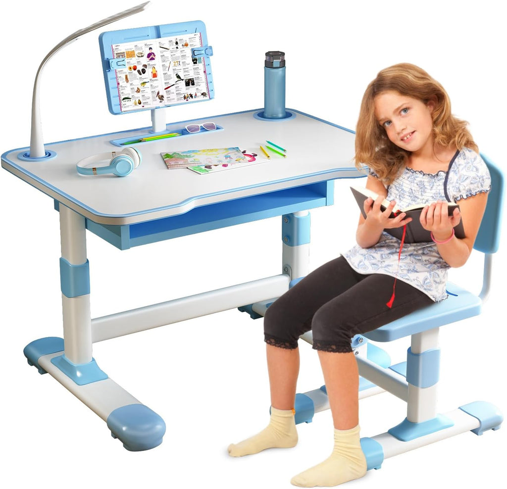 2Pcs Kids Desk and Chair Set,Height Adjustable Children's Writing Desk Set with 40-Degree Tilt-able Reading Stand LED Table Light,Bookstand,Drawer,Ergonomic Table Chair Set Blue