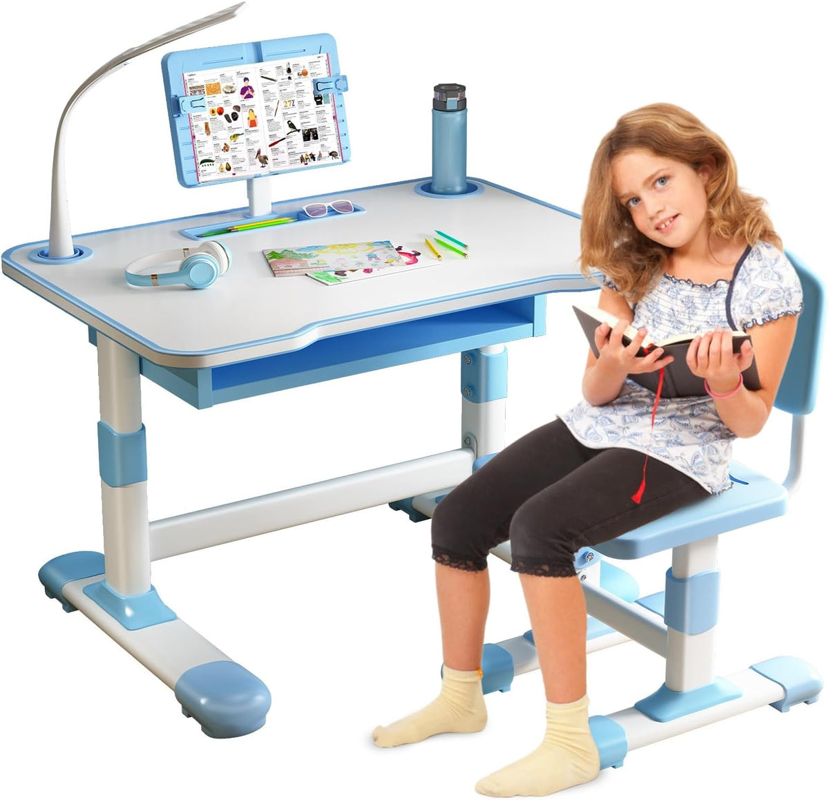 2Pcs Kids Desk and Chair Set,Height Adjustable Children's Writing Desk Set with 40-Degree Tilt-able Reading Stand LED Table Light,Bookstand,Drawer,Ergonomic Table Chair Set Blue