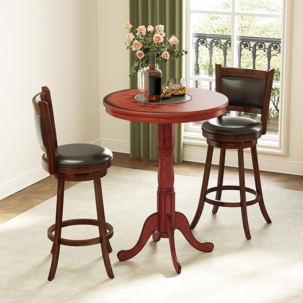 3 Piece Bar Table and Chairs Set, Round Counter Height Dining Table with Chessboard, 2 Upholstered Swivel Bar Stools, Rubber Wood Frame, Farmhouse Pub Table Set for Kitchen, Bistro