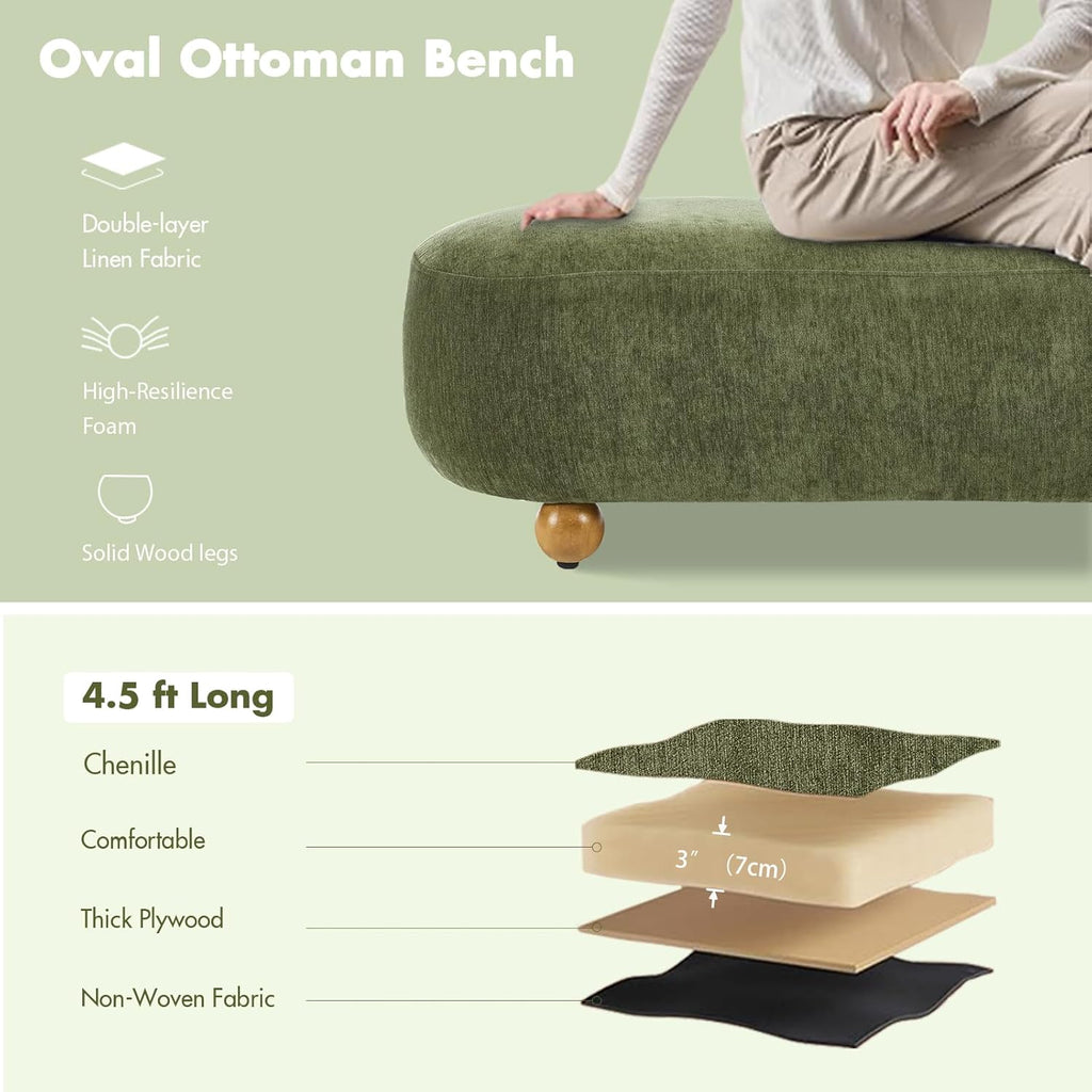 Hyfirm 54" Green Chenille Upholstered Bench – End of Bed Ottoman with Round Solid Wood Legs, Long Oval Footstool for Entryway & Hallway, Padded Seat (No Back)