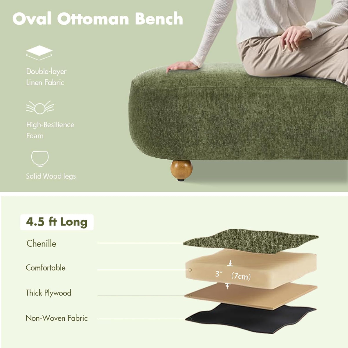Hyfirm 54" Green Chenille Upholstered Bench – End of Bed Ottoman with Round Solid Wood Legs, Long Oval Footstool for Entryway & Hallway, Padded Seat (No Back)