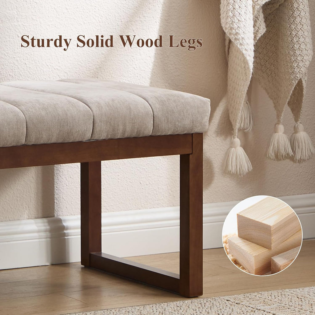 53'' Upholstered Chenille Entryway Bench, Channel Tufted End of Bed Bench Modern Ottoman with Walnut Wood Legs, Padded Window Bench with Storage for Bedroom, Living Room, Camel