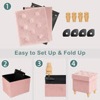 CAROLMADE Folding Storage Ottoman Cube Velvet Footstool with Wood Legs Ottoman Footrest for Living Room and Bedroom Pink, 15"x12.6"x15.4"