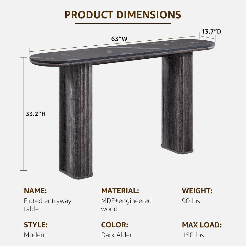 OKD 63" Modern Console Table with Arc Faux Marble Texture Top, Fluted Wood Base, Contemporary Entryway Sofa Table for Living Room, Hallway, Foyer, Dark Alder