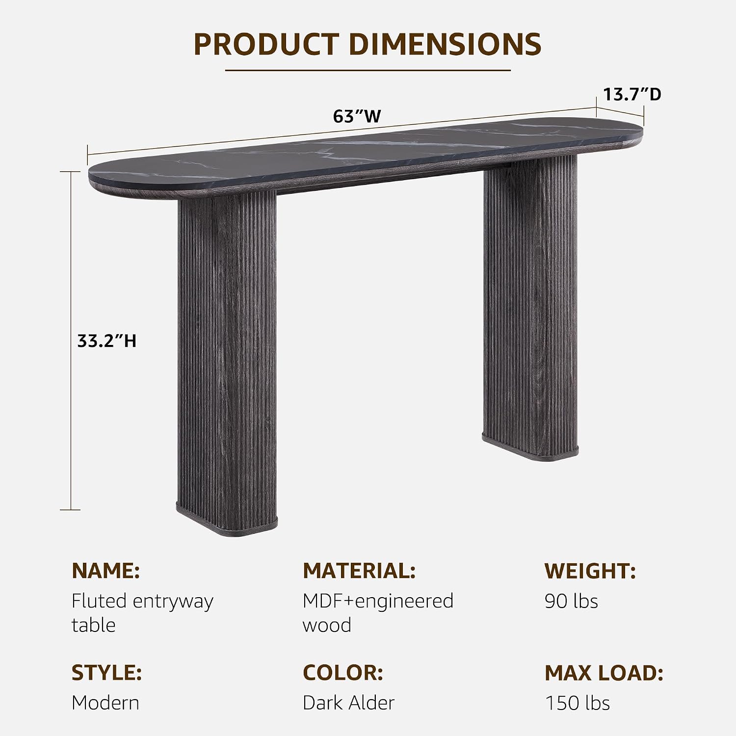 OKD 63" Modern Console Table with Arc Faux Marble Texture Top, Fluted Wood Base, Contemporary Entryway Sofa Table for Living Room, Hallway, Foyer, Dark Alder