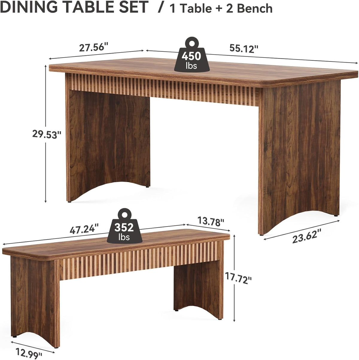 LITTLE TREE 55" Dining Table with 2 Benches, Dining Table Set for 4-6 People, Farmhouse Kitchen Table with Bench, Dining Room Table Set