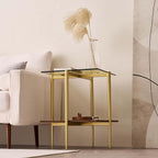 LumFurn Glass End Table, Mid-Century Modern Design Sofa Table, for Living Room, 2-Tier Structure, Clear Glass Top and Walnut MDF Shelf, Sleek Conical Metal Legs with Gold Finish Frame