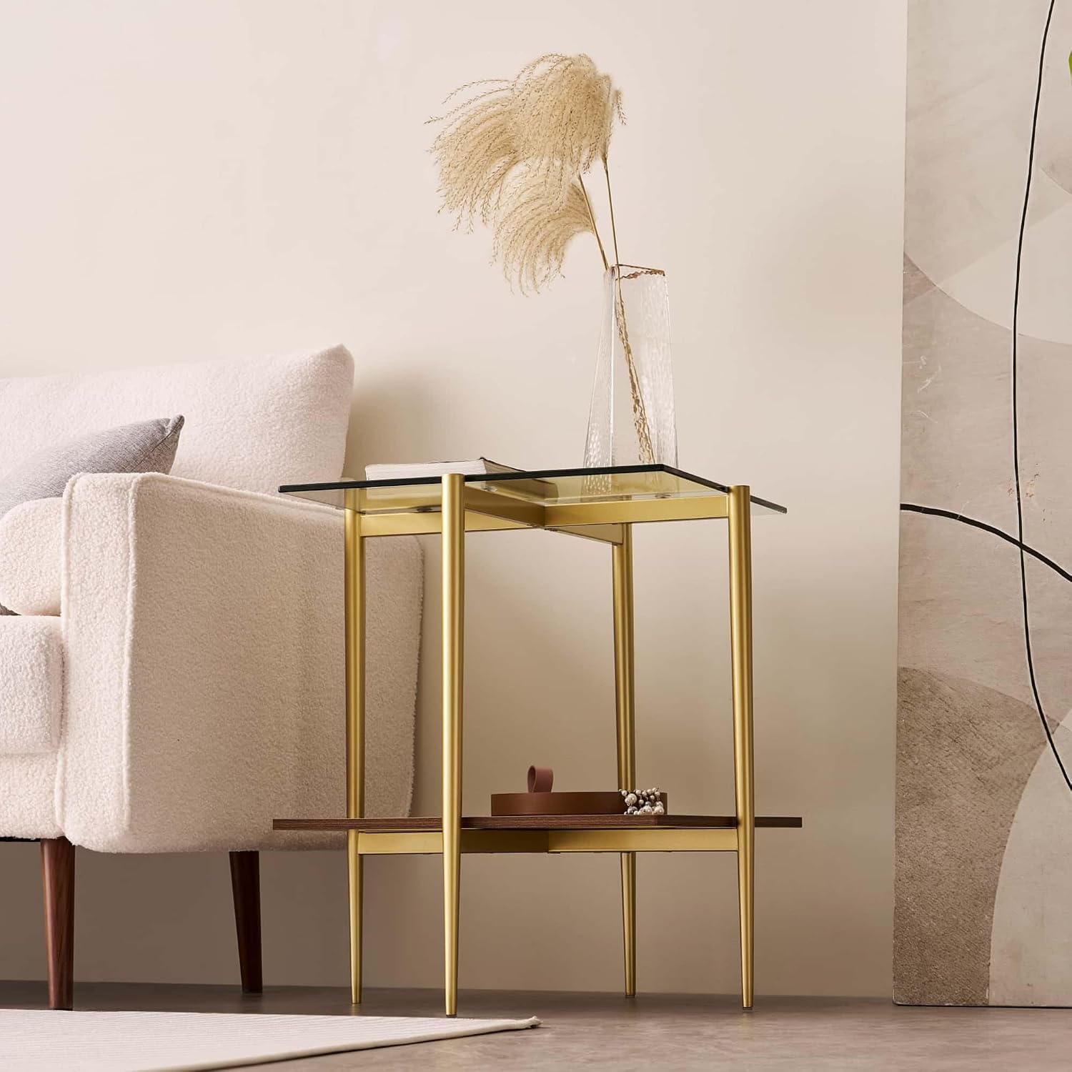 LumFurn Glass End Table, Mid-Century Modern Design Sofa Table, for Living Room, 2-Tier Structure, Clear Glass Top and Walnut MDF Shelf, Sleek Conical Metal Legs with Gold Finish Frame