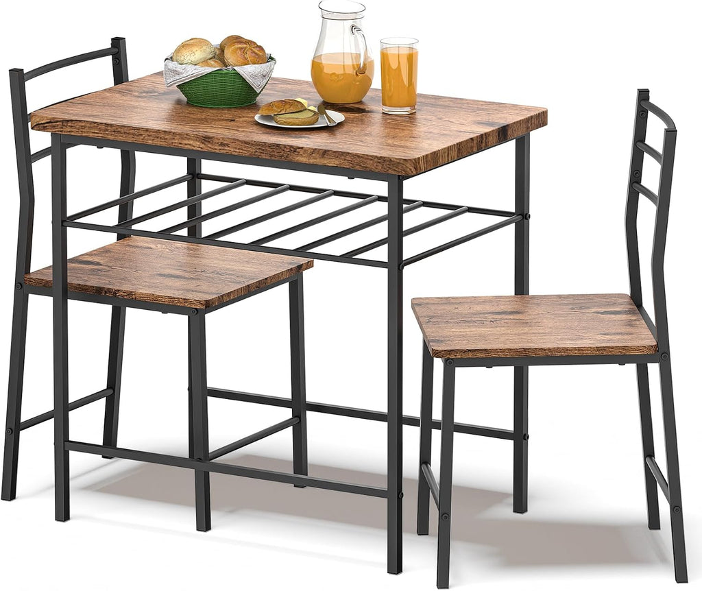 Fenbeli 3 Piece Dining Table Set - Small Kitchen Table & Chair Sets for 2, Breakfast Table Set w/Steel Frame, Built-in Storage Rack for Dining Room, Living Room, Apartment (Brown, Small)