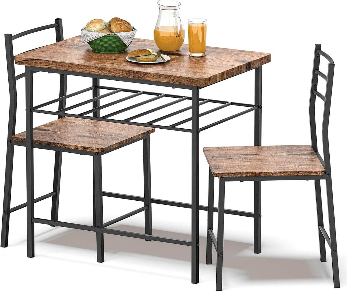 Fenbeli 3 Piece Dining Table Set - Small Kitchen Table & Chair Sets for 2, Breakfast Table Set w/Steel Frame, Built-in Storage Rack for Dining Room, Living Room, Apartment (Brown, Small)
