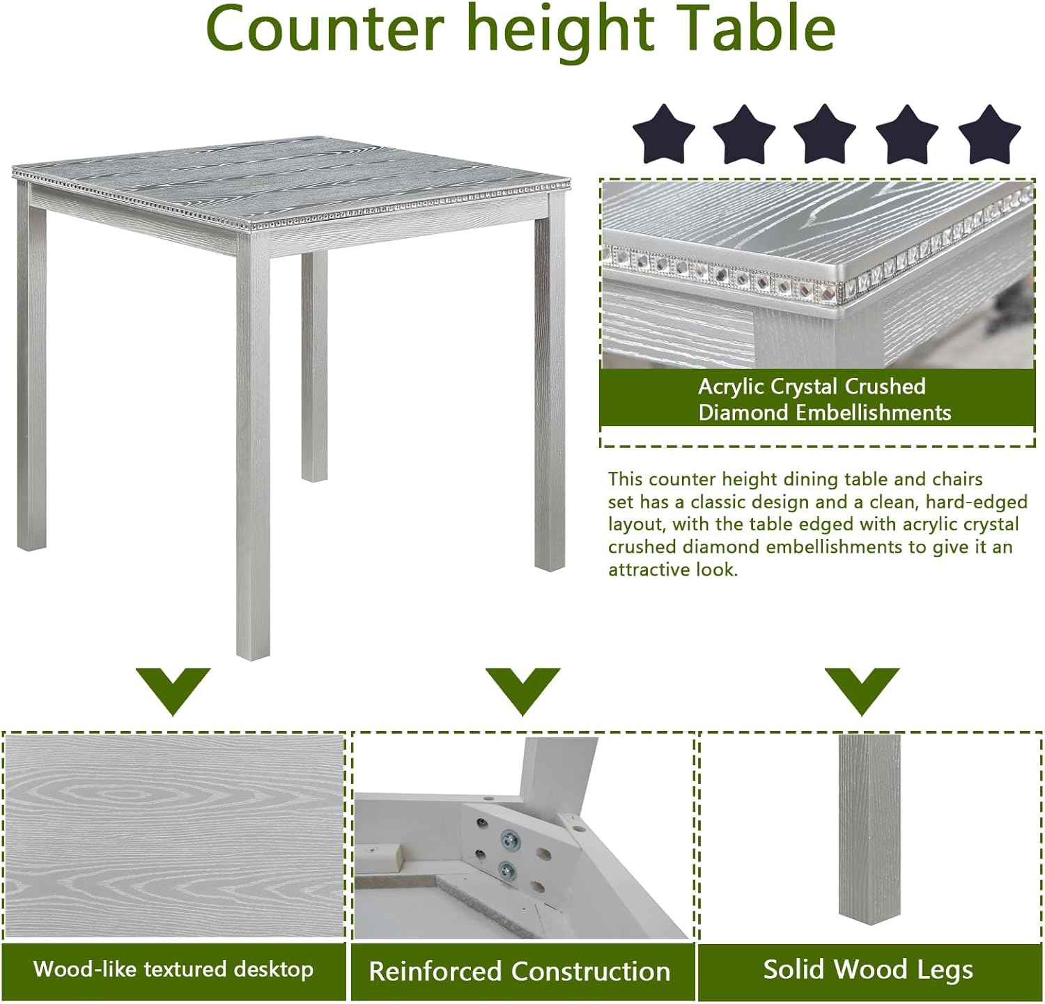 LUMISOL Wood Square Dining Table for 4, Farmhouse Counter Height Kitchen Table for Small Space, No Included Chairs, Silver Grey