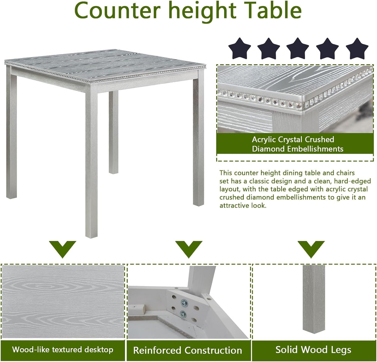 SOFTSEA Wooden Dining Table up for 4, Square Kitchen Table with Solid Wood Legs, 34.5 Inch Modern Dining Table with Spacious Tabletop, for Kitchen Living Room, Silver Grey