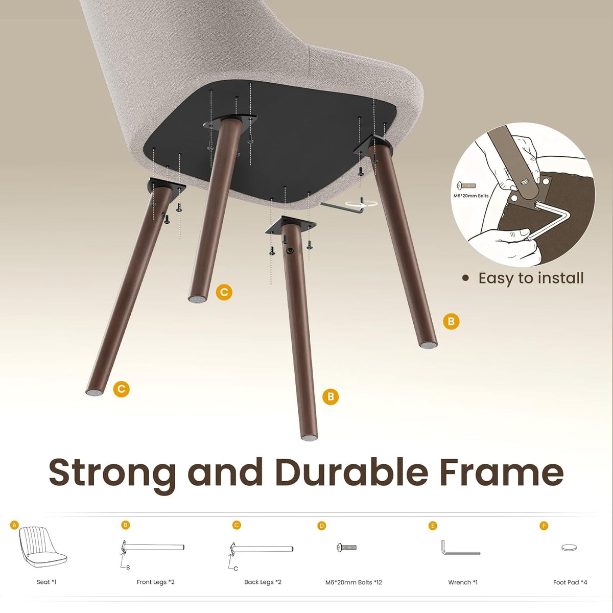 MALOL Upholstered Dining Chairs Set of 4, Modern Fabric Kitchen Chairs with Back, Wood Legs for Kitchen Dining Room Restaurant, Camel