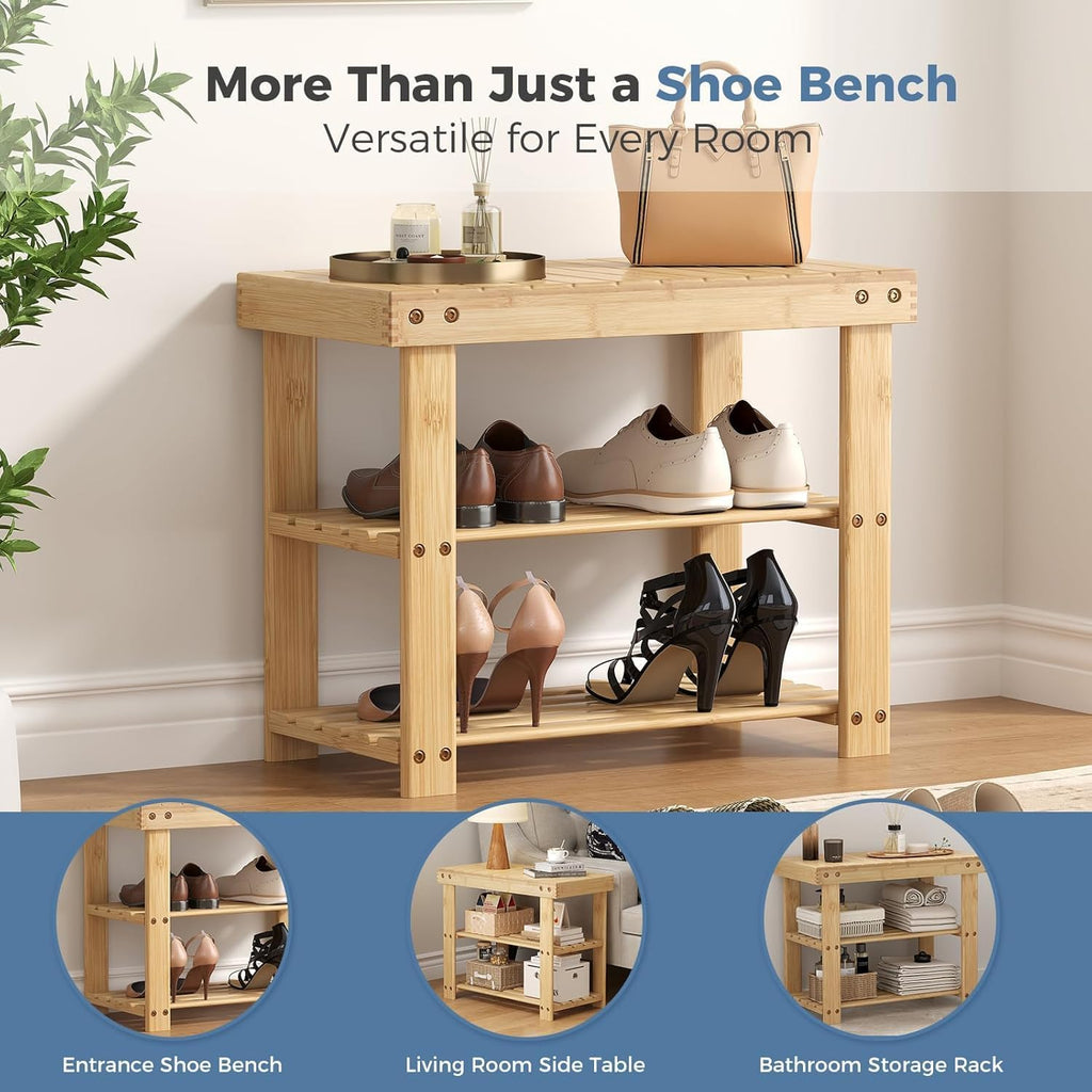 Simple Deluxe Shoe Rack Bench, 3-Tier Bamboo Storage Organizer, 286lb Capacity Entryway Bench for Front Door, Bedroom, Living Room, Bathroom, Balcony, Stylish Shoes Wood (11.3 x 19.7 x 17.8 Inches)