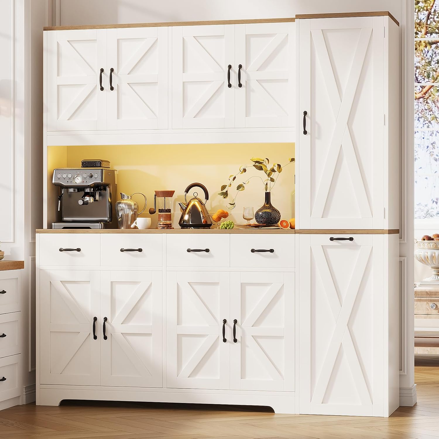 70.9" Tall Farmhouse Pantry Cabinet with Pull-Out Storage Cart & LED Lights, Large Kitchen Hutch with Charging Station, 9 Doors 4 Drawers Adjustable Shelves for Dining Living Room, White