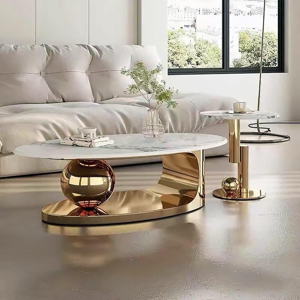 Modern Coffee Table Set of 2 - Stylish Black & Gold Oval Nesting Tables for Living Room, Contemporary Center & Side Table, 47" + 18" Cocktail Table Combo