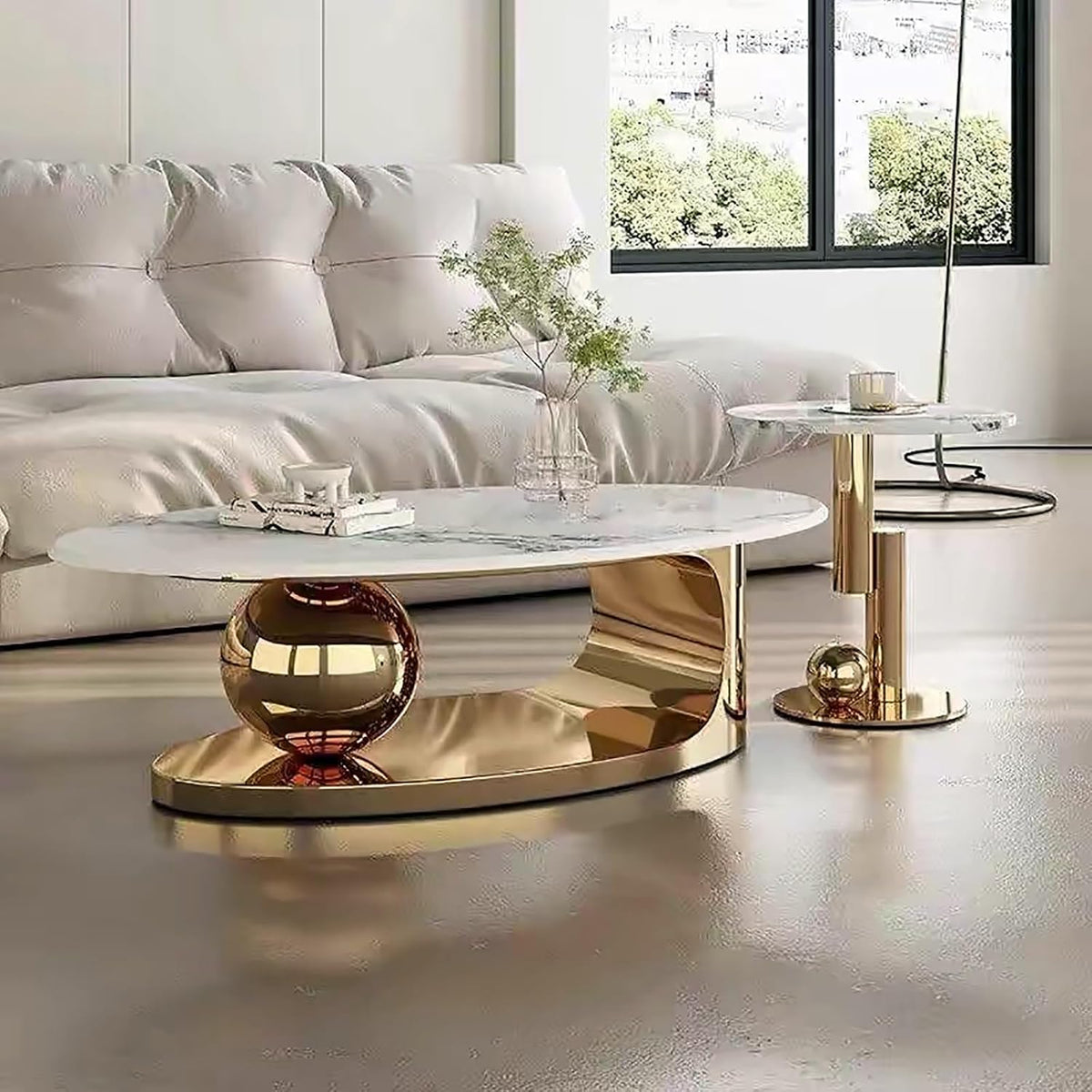 Modern Coffee Table Set of 2 - Stylish Black & Gold Oval Nesting Tables for Living Room, Contemporary Center & Side Table, 47" + 18" Cocktail Table Combo