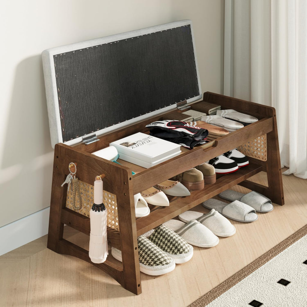 Shoe Rack Bench with Flip-Top Storage, 27.6" W x 15.7" H Solid Wood Entryway Bench Shoe Organizer with Cushion Side Hooks for Front Door Entrance Hallway Foyer Closet Living Room Bedroom