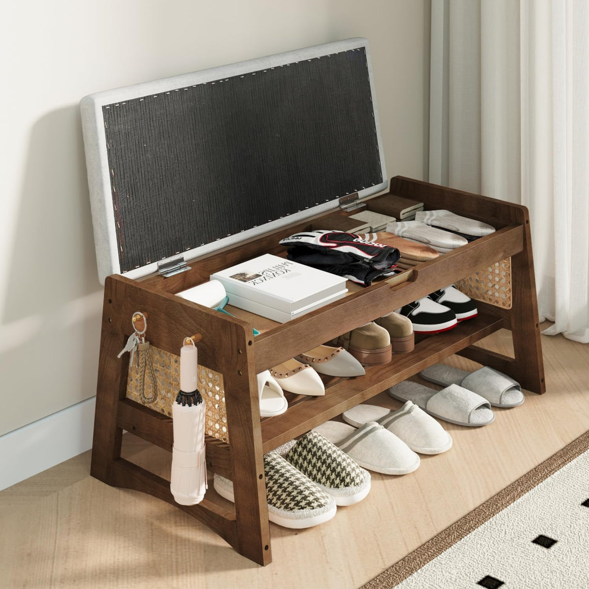 Shoe Rack Bench with Flip-Top Storage, 35.4" W x 15.7" H Solid Wood Entryway Bench Shoe Organizer with Cushion Side Hooks for Front Door Entrance Hallway Foyer Closet Living Room Bedroom