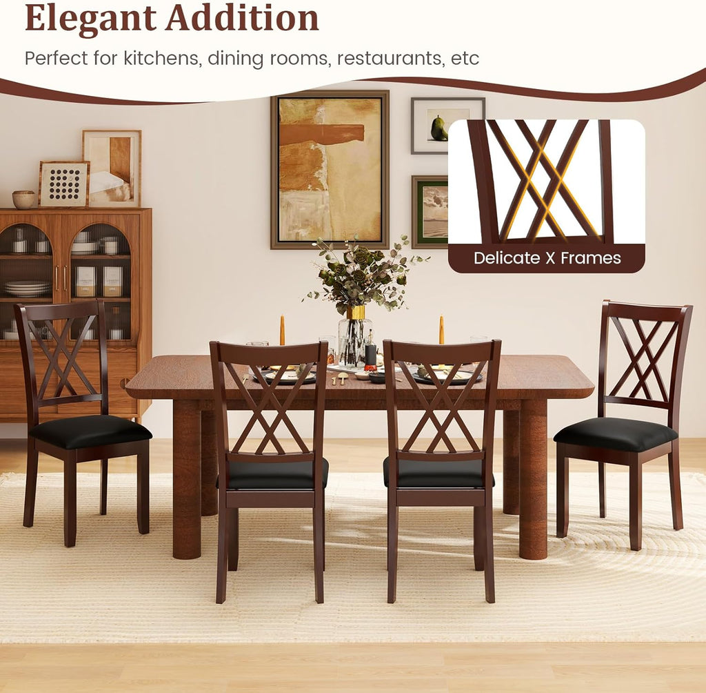 COSTWAY Set of 4 Dining Chairs, Wooden Kitchen Side Chair with PU Leather Padded Seat, Rubber Wood Frame & High Back, Farmhouse Dining Room Chairs for Home & Restaurant, Walnut