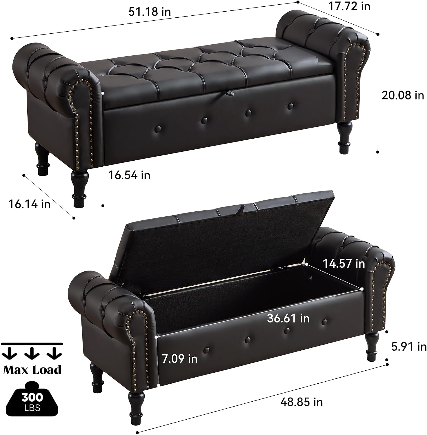 Storage Bench for Bedroom, Faux Leather 51" End of Bed Bench, Queen Size Bench with Rolled Arms, Tufted Storage Ottoman Benches, Upholstered Bench for Bedroom, Living Room, Entryway, Black