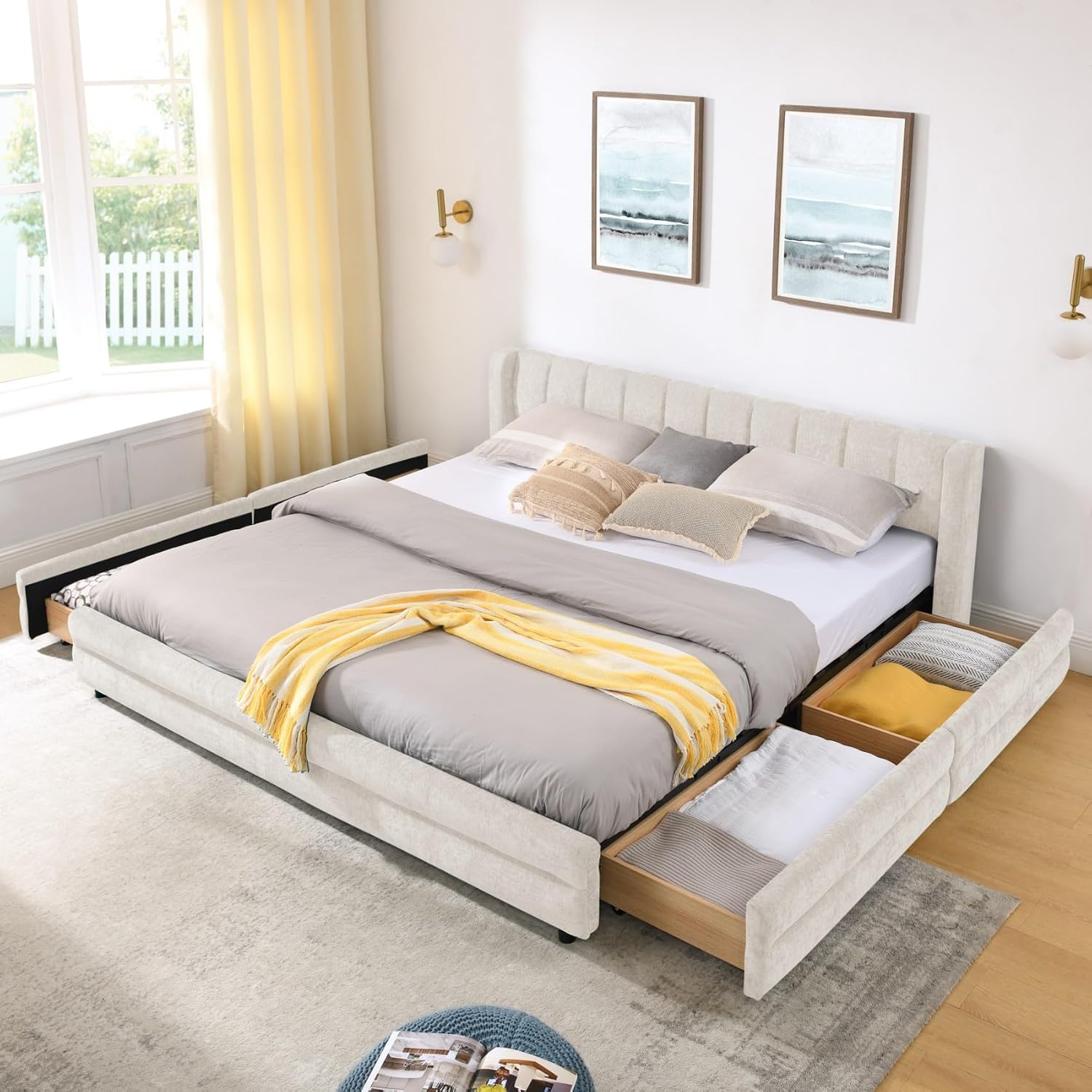 KEIKI Thick Chenille King Bed Frame with 4 Storage Drawer & Upholstered Tufted Cushioned Headboard, Modern Solid Wood Floor Platform Cloud Bed Frame for Bedroom, No Box Spring Needed, Beige