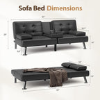 Shahoo Leather Convertible Futon Sofa Bed, Folding Sleeper Loveseat Couch | Upholstered futon with removable armrests, metal legs and 2 cup holders for living room (Black)