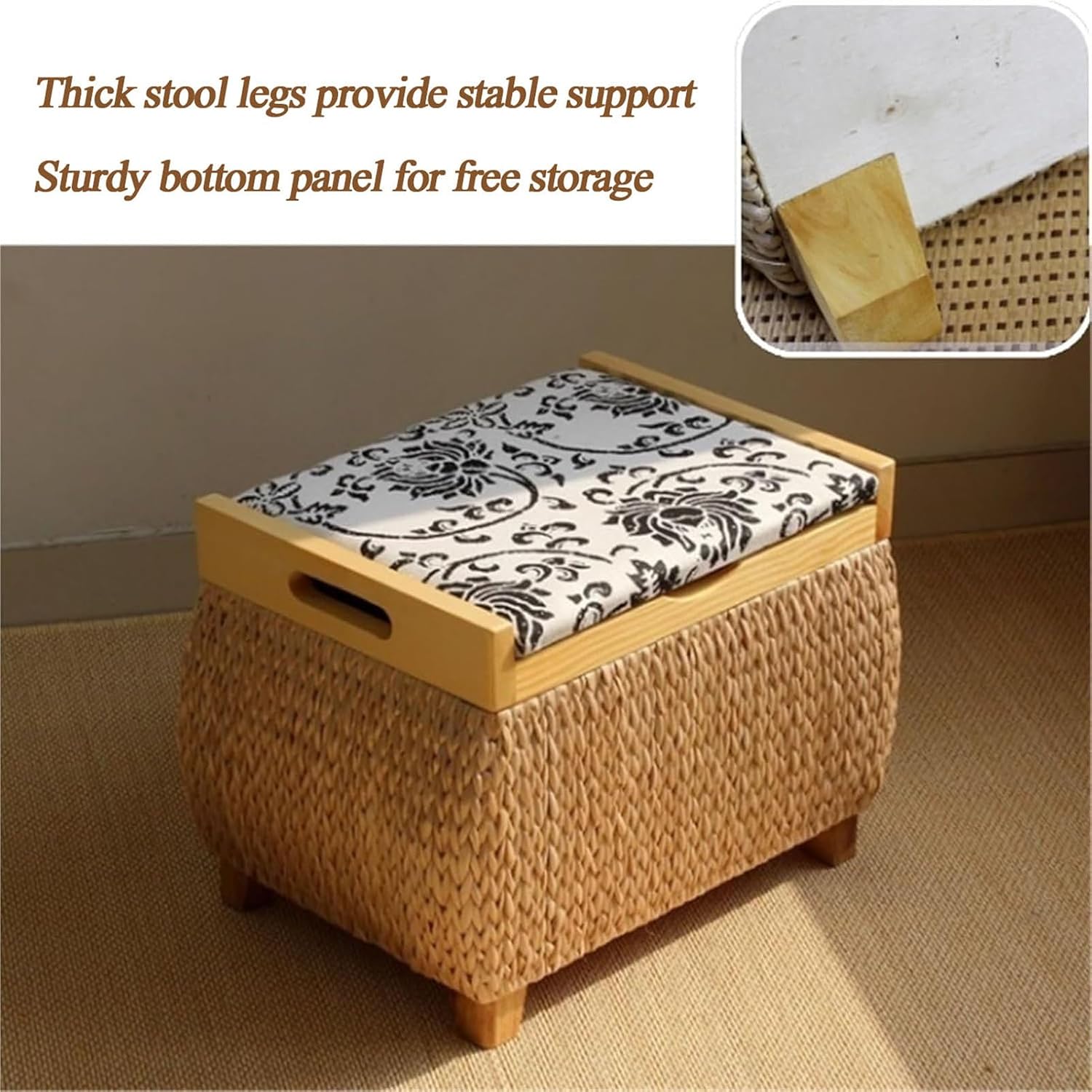 Ottoman with Storage Rattan Woven ，Bench with Padded Seat End of The Bed Entry Bench Footrest Stool for Hallway Living Room(Primary Color,53cm/20.9in)