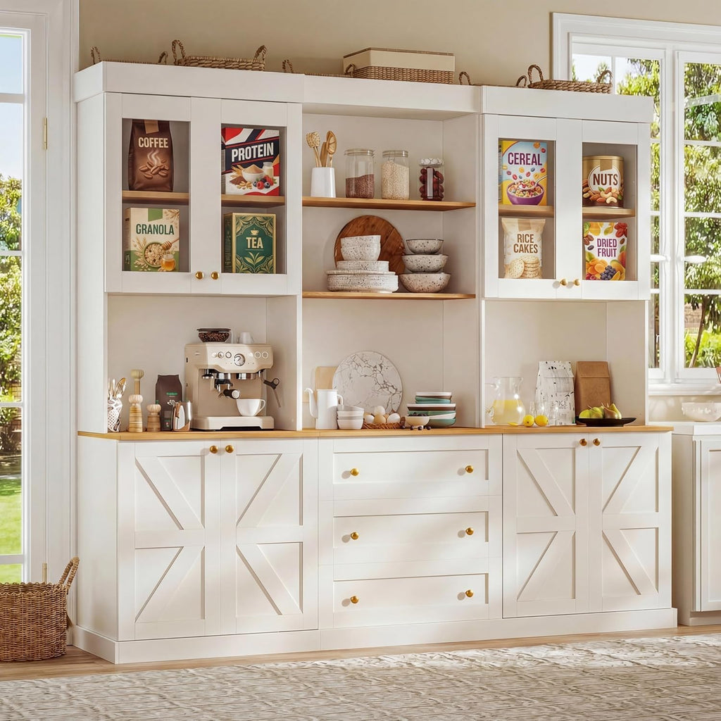 71" White Farmhouse Kitchen Pantry Cabinet Set of 3— Freestanding Coffee Bar with Glass Doors or Drawers, Microwave Stand, Large Storage Hutch with Adjustable Shelves for Kitchen, Living Room