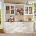 71" White Farmhouse Kitchen Pantry Cabinet Set of 3— Freestanding Coffee Bar with Glass Doors or Drawers, Microwave Stand, Large Storage Hutch with Adjustable Shelves for Kitchen, Living Room
