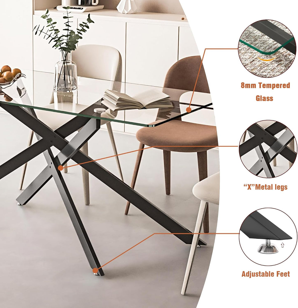 60" Black Glass Dining Room Table Set for 6, 7-Piece Modern Rectangular Kitchen Dining Table Set with Cross Chrome Metal Legs & 6 Orange Velvet Upholstered Chairs, Kitchen Table and Chairs Set