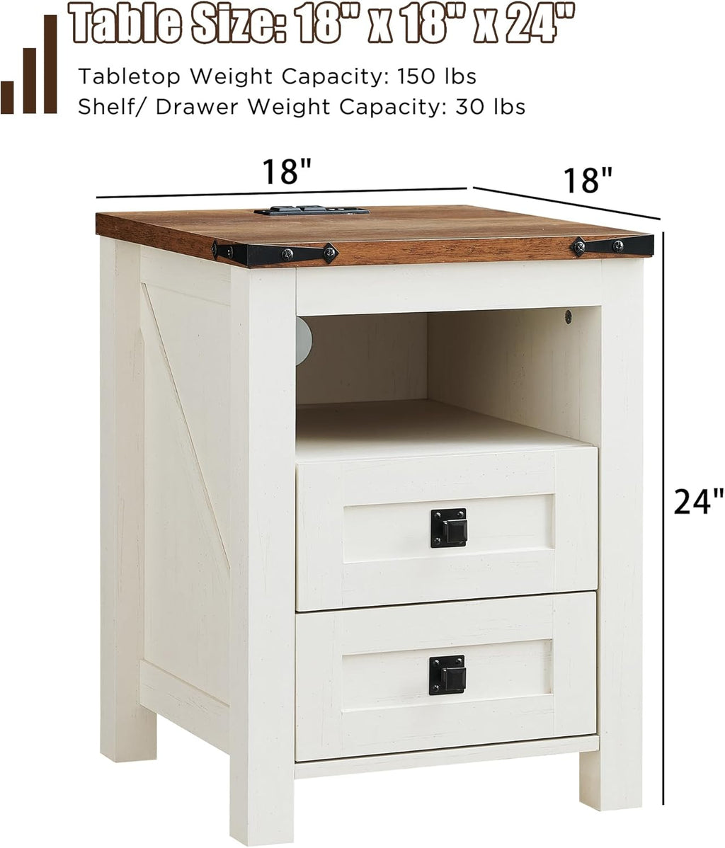 T4TREAM Farmhouse Nightstand Set of 2, Rustic End Table with 2 Drawers, Charging Station, Storage Open Shelf for Bedroom, Living Room, Wood Side Table, Antique White