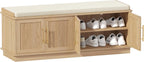 Akxomel Fluted Shoe Storage Bench with Cushion, 47.2" Entryway Bench with Adjustable Shelves and 4 Doors, Shoe Cabinet Bench with Curved Profile, for Hallway, Living Room, Bedroom, Natural Oak