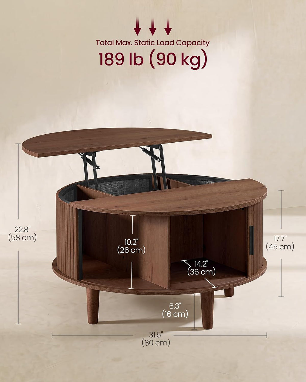VASAGLE Round Coffee Table, Lift Top Coffee Table with Tambour Sliding Door