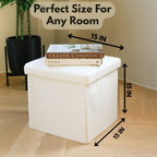 Luxe Go-Poufs Faux Fur Boucle Storage Ottoman, White, 15x15x15 in | Knock-Down Assembly, No Tools Required, Folding Flat Design, Hidden Compartment, Teddy Texture
