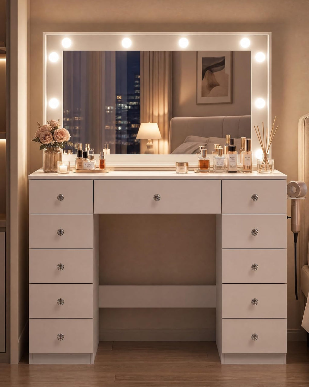 Otterease White Makeup Vanity with Mirror and Lights,11 Drawers & Glass Top | Vanity Desk Table with Charging Station and 10 LED Bulbs, Hair Dryer Holder, for Bedroom