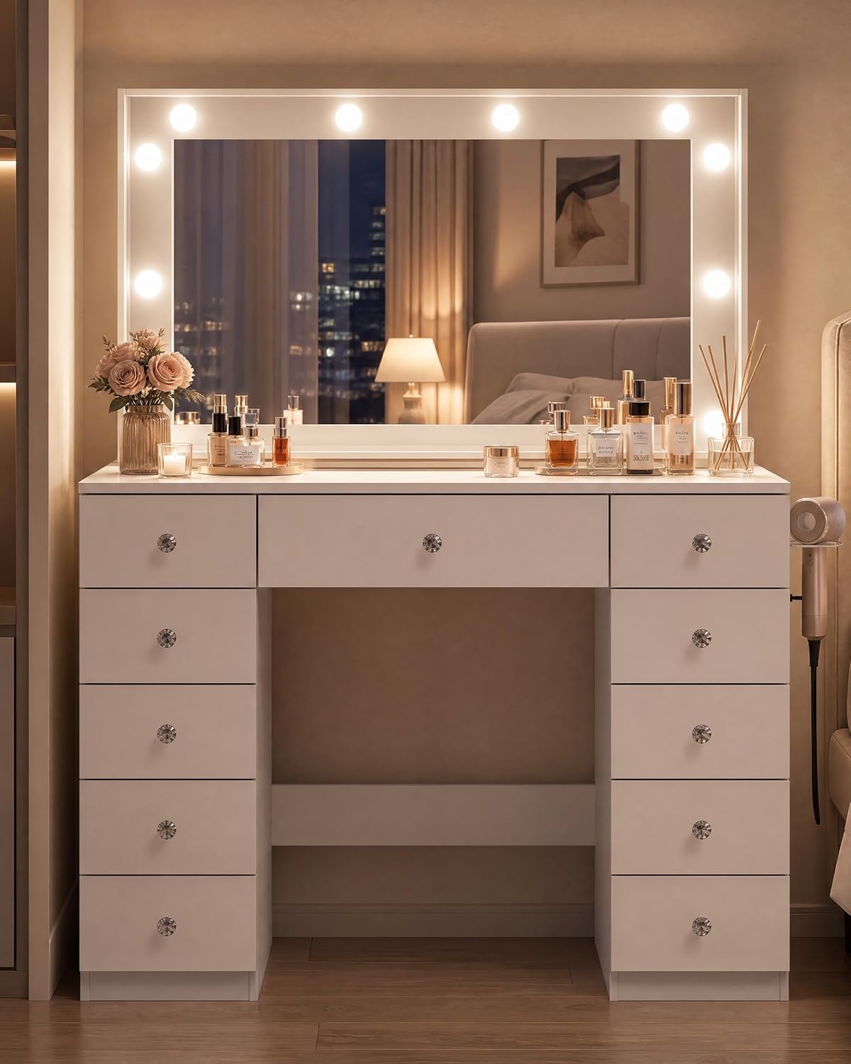 Otterease White Makeup Vanity with Mirror and Lights,11 Drawers & Glass Top | Vanity Desk Table with Charging Station and 10 LED Bulbs, Hair Dryer Holder, for Bedroom