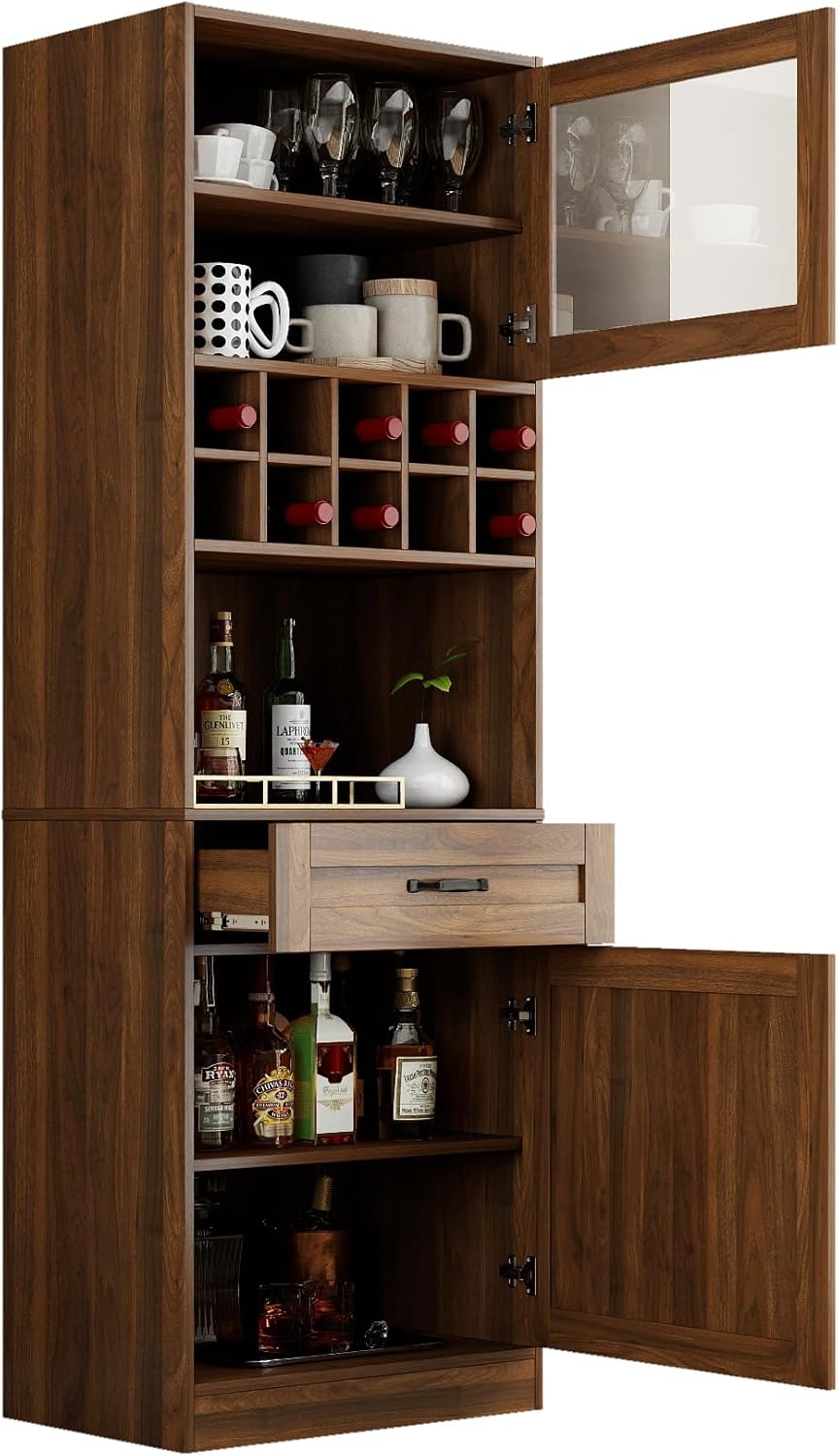 KEIKI 70.87" H Tall Kitchen Pantry Wine Bar Storage Cabinet with Countertop, Wine Rack, Glass Doors, Drawers, Wood Freestanding Hutch Food Pantries Cupboard for Coffee, Dining Living Room